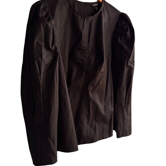 Express Black Textured Long Sleeve Top M Ruched Front Detail Keyhole Neck $60 - Picture 8 of 13